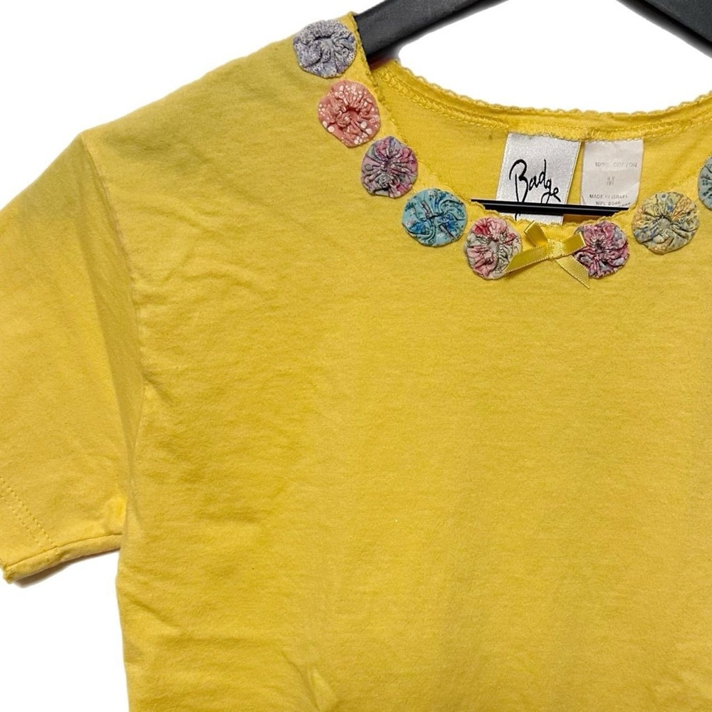 Y2K Badge Yellow Patchwork Bow Ribbon Baby Tee / T-shirt